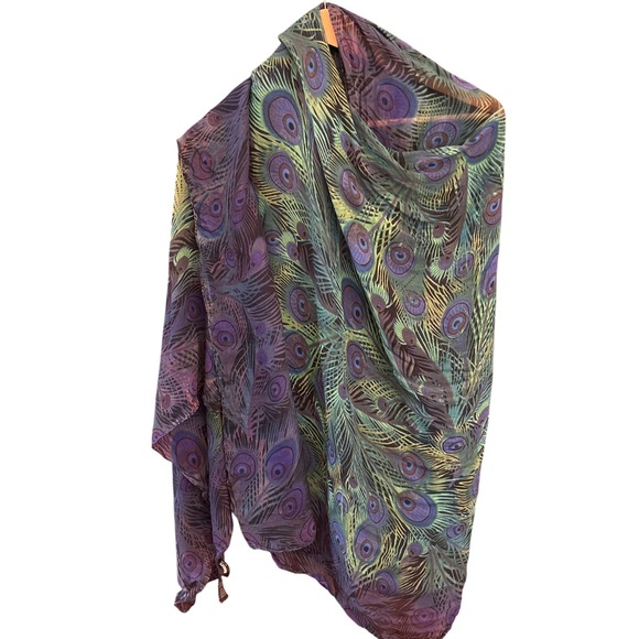Vivante VSA Scarf Shawl Wrap Peacock Feather Purple Green Boho Artsy Festival - Picture 1 of 4